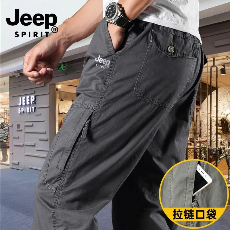 Jeep Spring and Autumn Thin Cotton Overalls Men's Loose Washed Casual Trousers High Waist Straight Multi-pockets