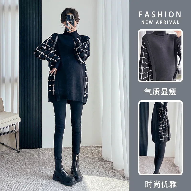 Autumn Winter Patchwork Knitted Maternity Sweaters Large Size Loose Ties Waist Shirt Clothes for Pregnant Women Pregnancy Tops enlarge