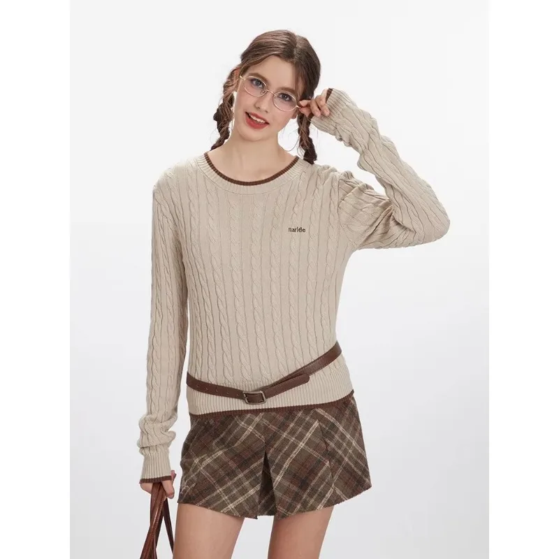 Nariele 2024 осенний новый свитер пуловер иллюзия цветная блокировка вязаный топ