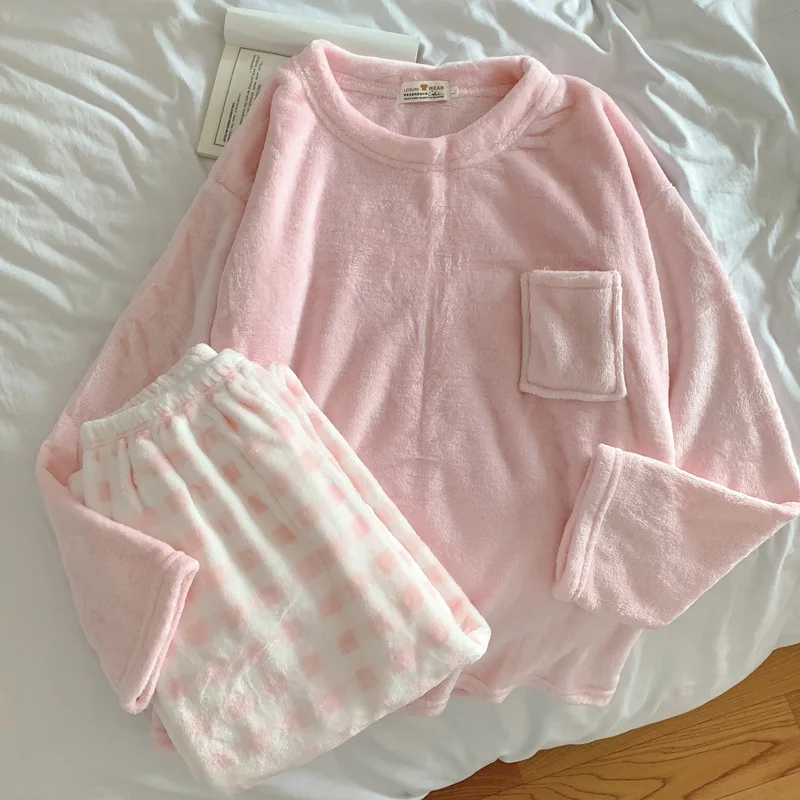 Free Shipping Winter Fashion Women's Casual Lovely Solid Warm Soft Sleepwear Nightgow Loose Pajamas With Pants Flannel Pullover