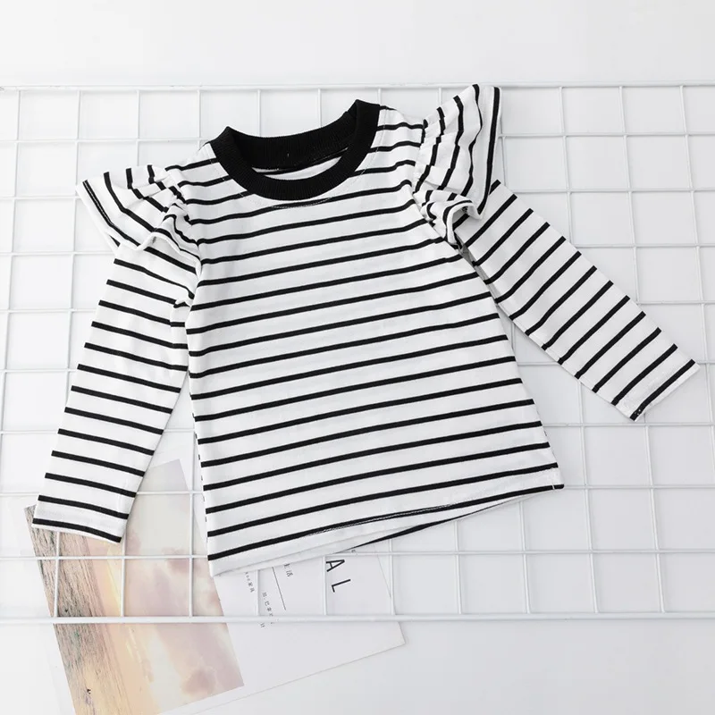 

1-7 Years Toddler Kids T-shirt Fly Sleeve Striped Print Cotton Tops Tees Childrens Fashion Outfits Spring Autumn Clothes