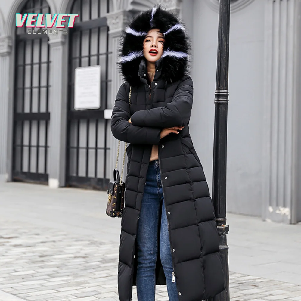 VelvetElements 2023 New Down Cotton Padded Liner Parkas 3XL Fashion Fur Collar Winter Jacket Women Long Hooded Winter Coat