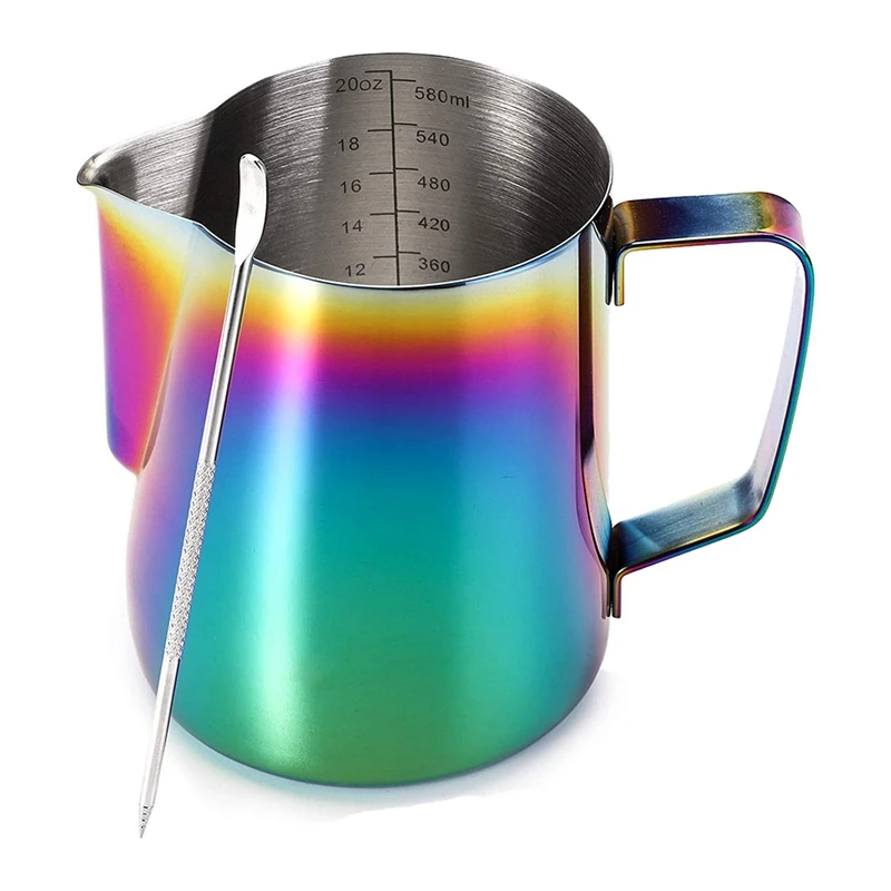 

20 Oz Milk Frothing Pitcher with Decorating Art Pen, Colorful Stainless Steel Milk Foamer Jug Coffee Steaming Cup