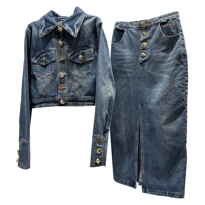 2022 New Autumn Fashion Women Denim Two-piece Set Metal Buckle Short Jacket Coat + Ultra Long Split Skirts Female Jean Suit enlarge
