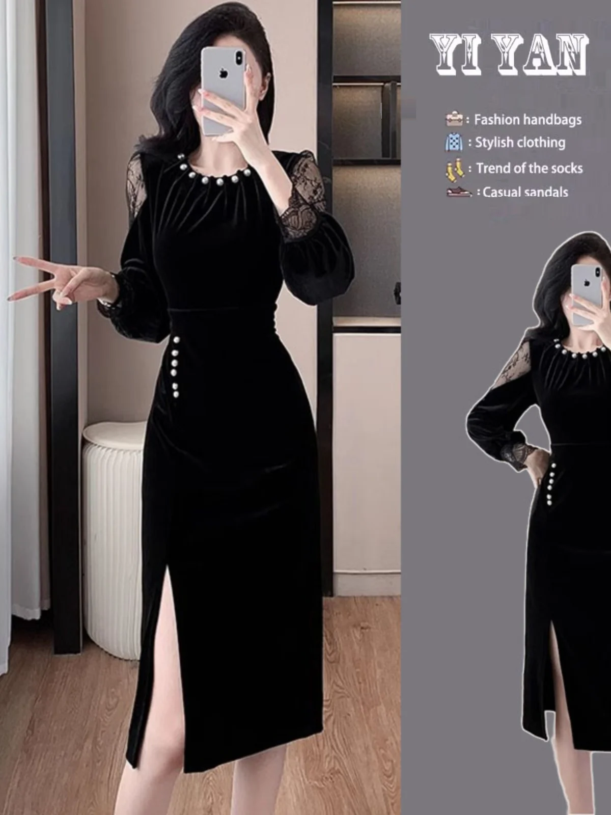 Hepburn Sle Socialite Ретро Темперамент с длинными рукавами Весна и осень Бархатное