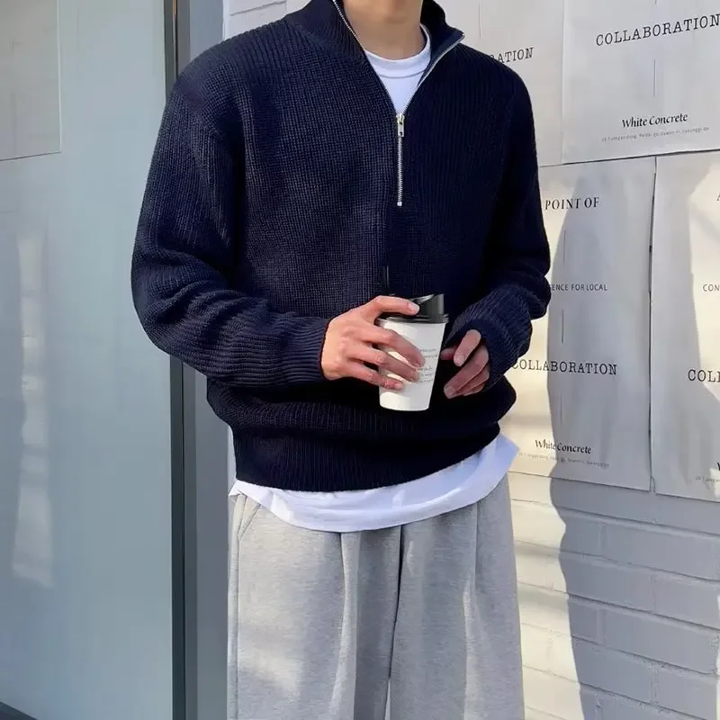 Осенний вязаный свитер на молнии мужской модный универсальный топ с