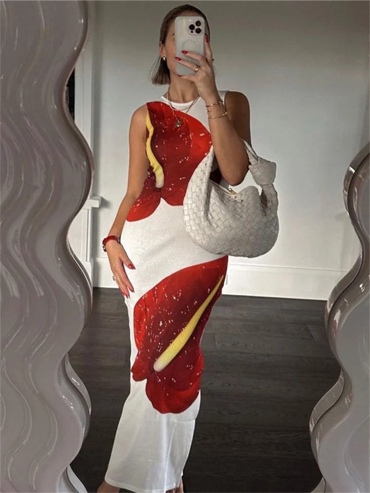 

Tossy Contrast Sleeveless Printed Maxi Dress Women High Waist Fashion Sexy Elegant Party Dress Gown Beach Holiday Female Dress