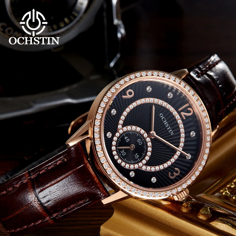 OCHSTIN LQ013B Diamond-encrusted Trendy Quartz Watch for Women Waterproof Genuine Leather Strap Fashion Women Wristwatch enlarge