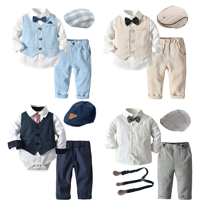 Baby Boy Clothing Sets Infants Newborn Boy Clothes Long Sleeve Tops+Vest+Hat+Overalls 4PCS Outfits Autumn Kids Bebes Clothing