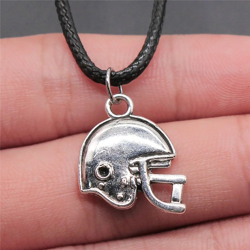 Antique Silver Color 19x17mm Football Helmet Sports Helmet Pendant Faux Black Leather Rope Chain Necklace
