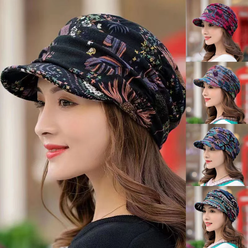 

Women Hat Short Brim Warm Foldable Earflap Women Cap Ethnic Style Floral Print Autumn Winter Hat Daily Clothing
