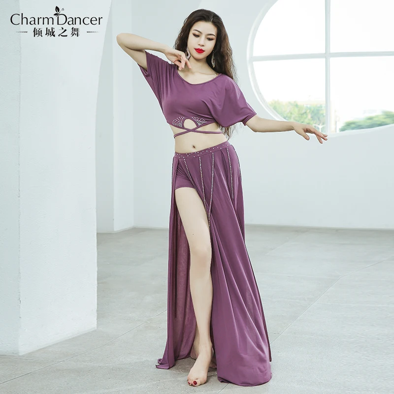 Костюм для танца живота с коротким рукавом и длинной юбкой с бахромой, элегантная спортивная одежда для выступления для женщин-танцовщиц E22009