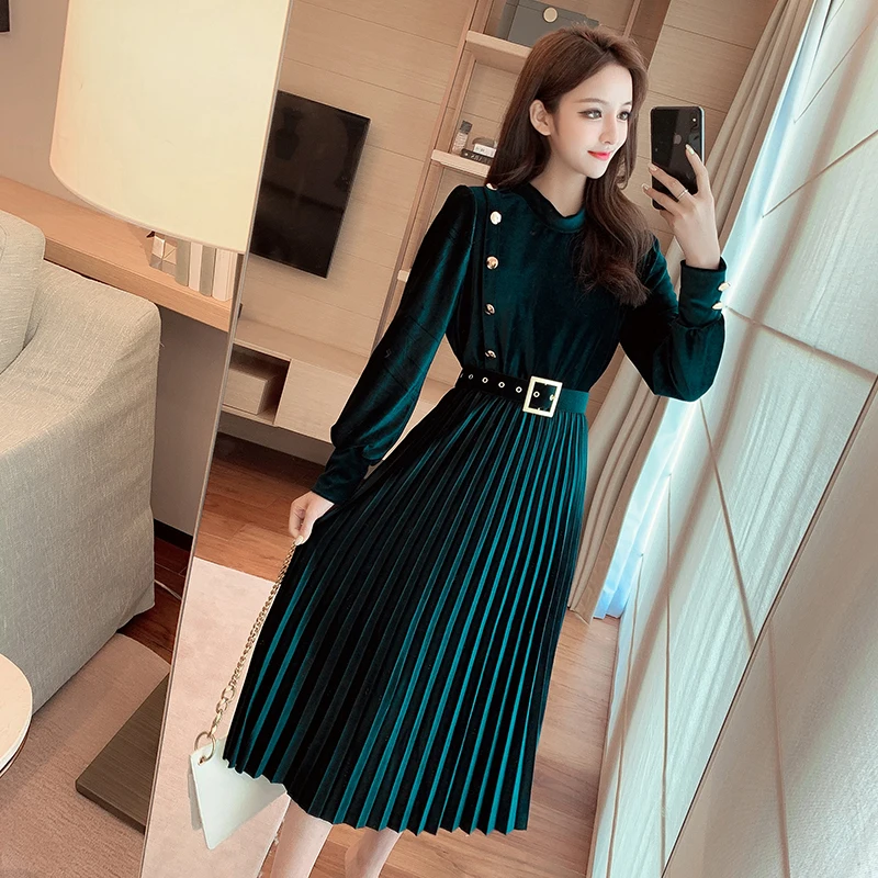 

Vestido De Mujer Autumn Winter Vintage Slim O Neck Long Sleeve Black Velvet Pleated Dress Women Belt Elegant Robe Femme A Line