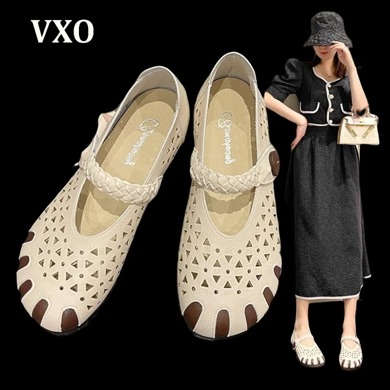 

VXO Summer Mom Breathable Shoes Hollow Comfortable Dancing Shoes Retro Women's Flat Shoes