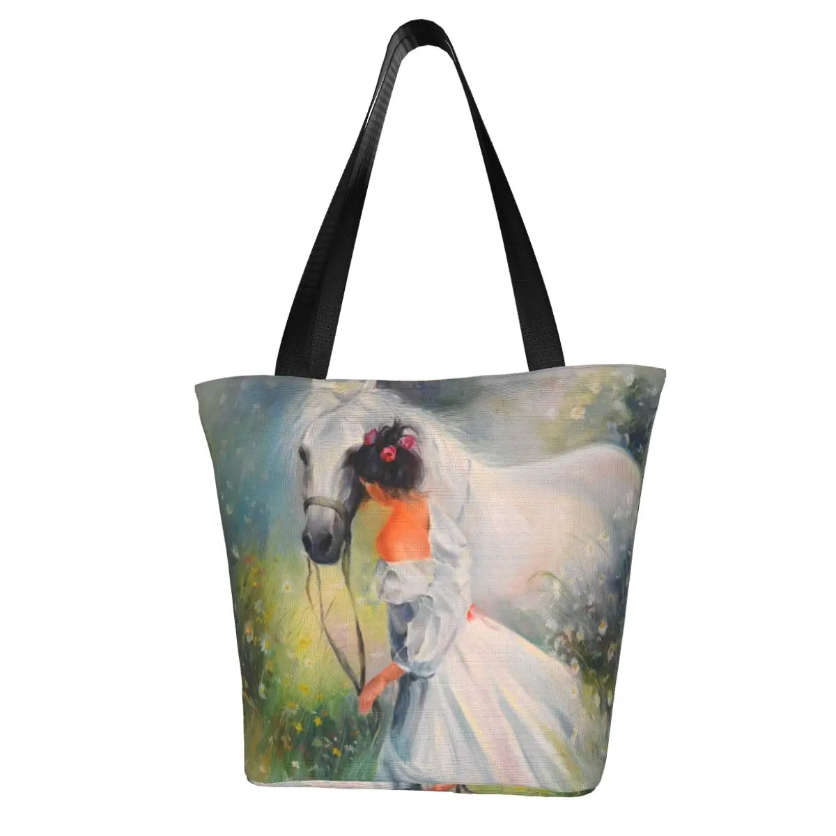 

Женская сумка с рисунком девушки с лошадью, сумка-шоппер, сумка через плечо, многоразовая сумка для покупок