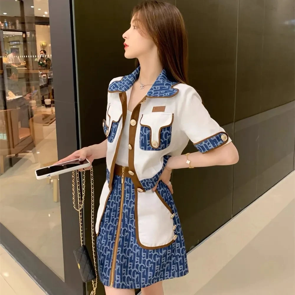 

Fashion Summer Small Fragrant Wind Short Sleeve Print Jacket + High Waist Loose Zipper Skirt Korean Style Women Two Piece Sets
