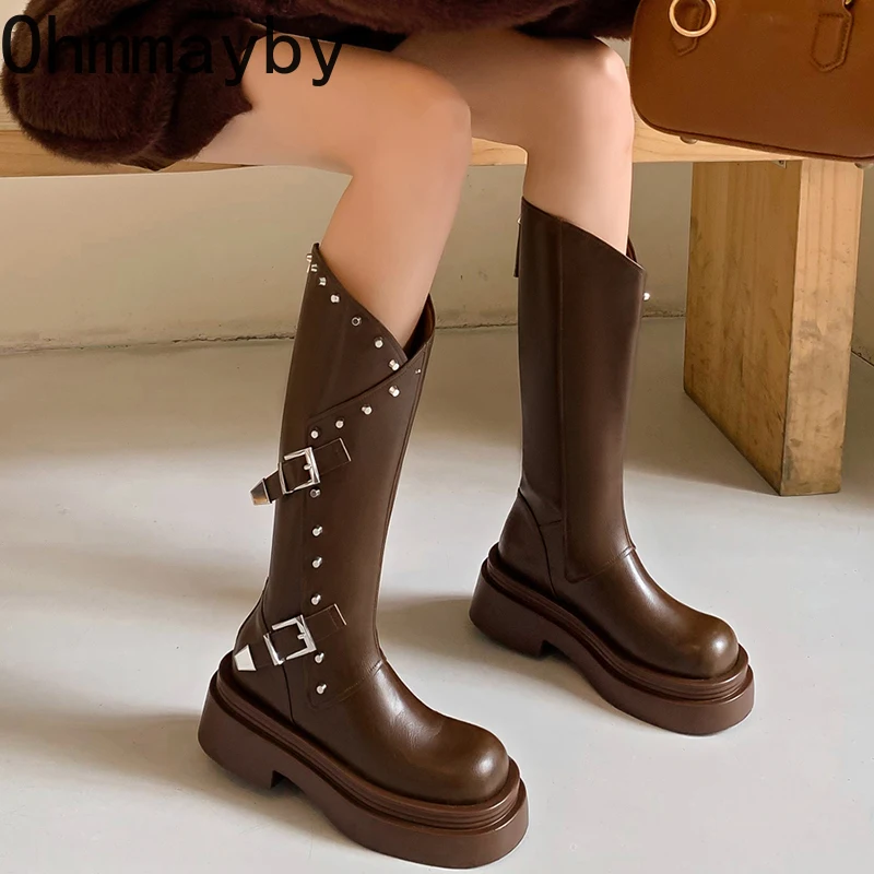 Винтажные женские ковбойские ботинки на платформе модные до середины икры с