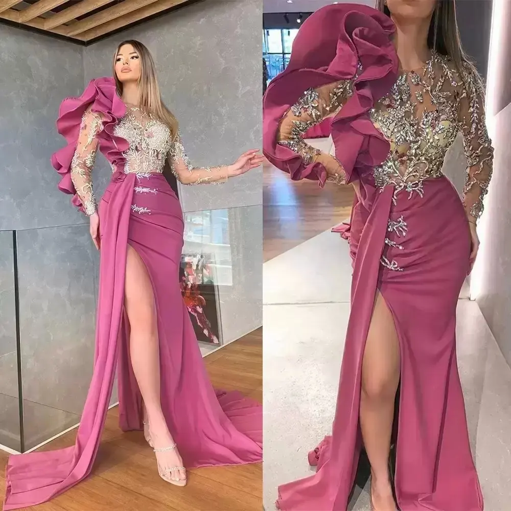 

Designer Fuchsia Prom Dresses Long Sleeves Illusion Lace Applique Mermaid High Split Custom Made Plus Size Evening Gowns