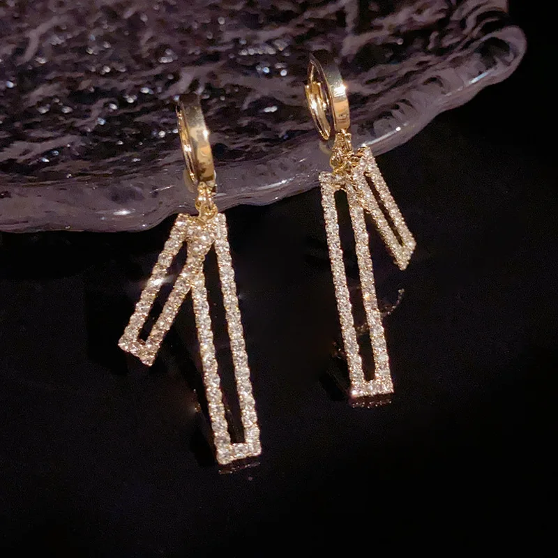 

Luxury Zircon Geometric Hanging Hoop Earrings For Women High Quality Korean Thickened 14K Gold Plated Dangle Earring Jewelry New