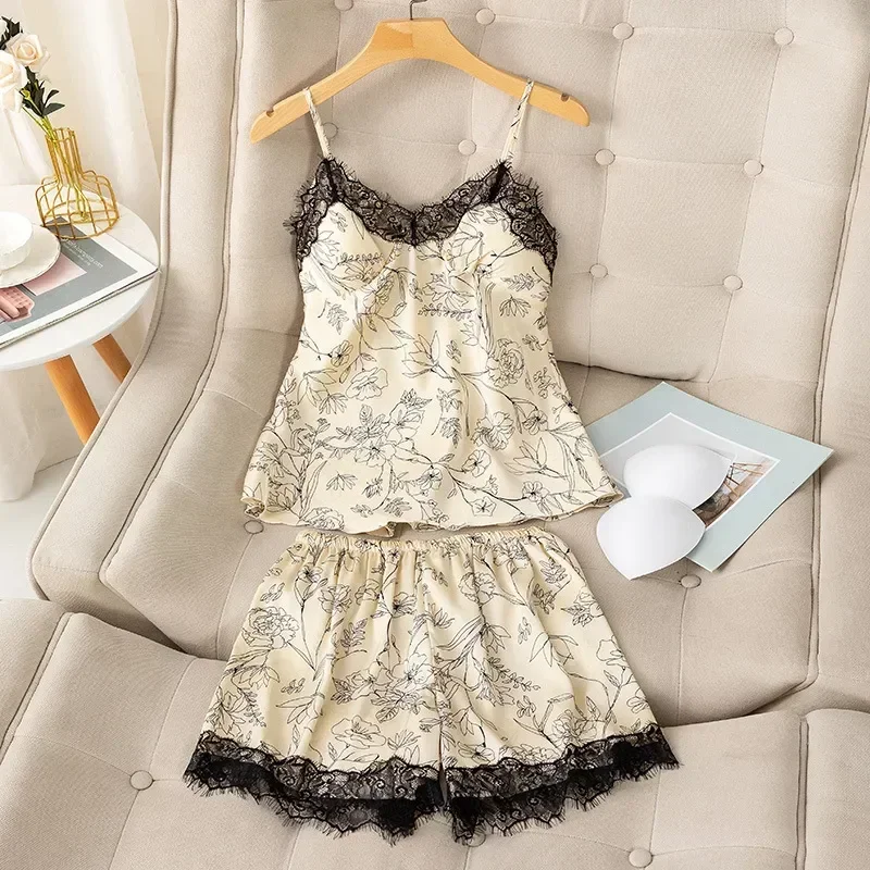 

Strap Sleepwear Clothes Casual Print Sexy Set Sleep Satin Nightwear Suit Top&shorts Home Summer Lace Pajamas Womens