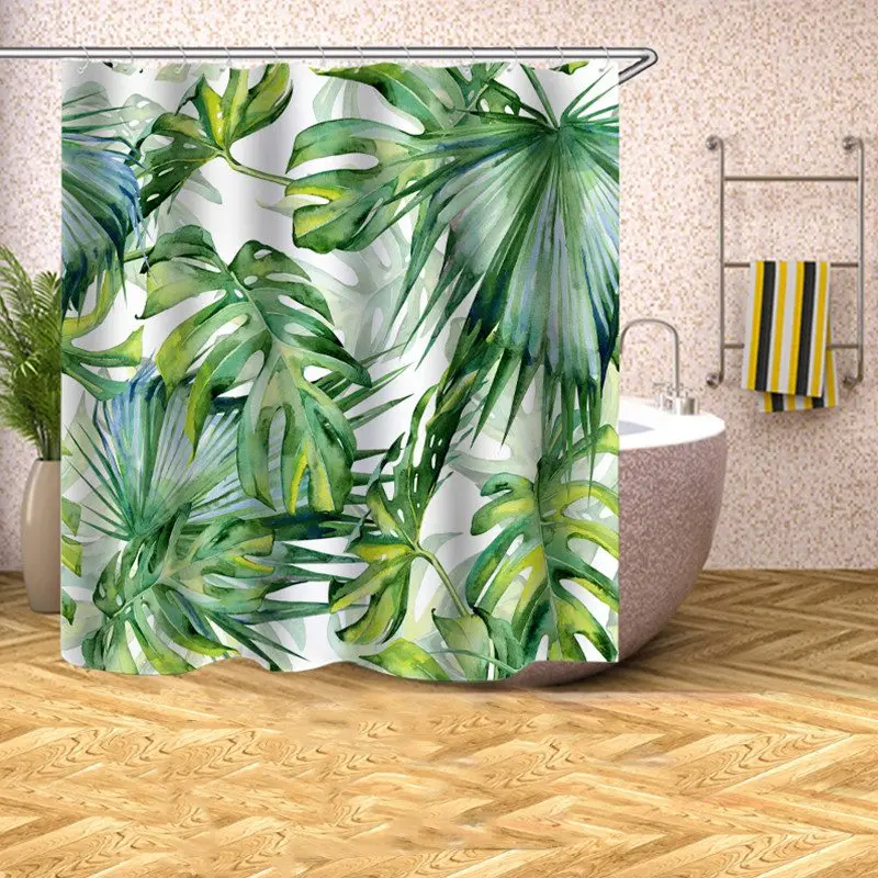 Green Leaves Simple Modern Shower Curtain Sets With Hooks Front Leaf Palm Jungle Rainforest Plant Bathroom Accessories Washable