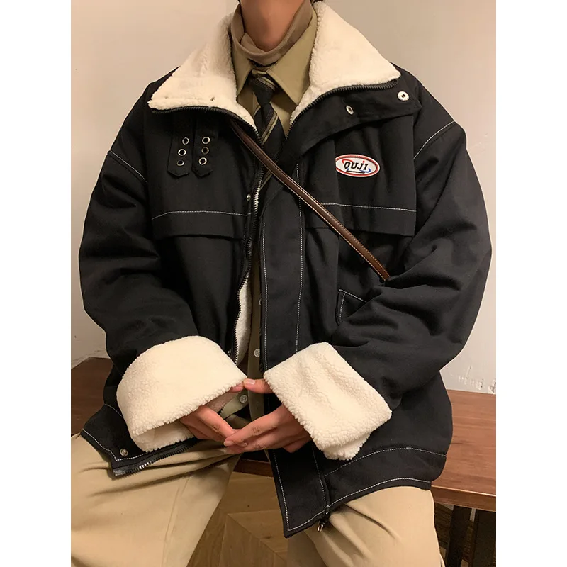 Japanese Fashion Men's Vintage Military Jacket Cotton Padded Jacket for Men Winter Thickened Cotton Parkas Lamb Wool Casual Coat