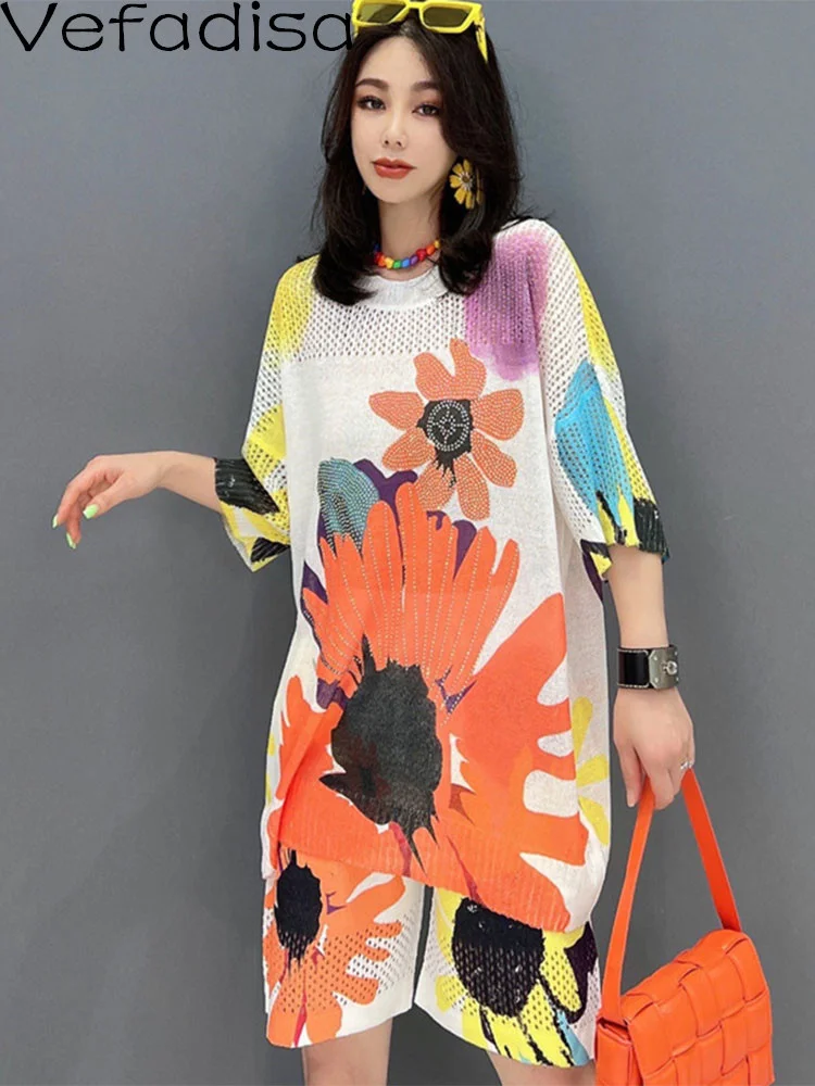 

Vefadisa Women Short Sleeve Flowers Printing Knitting Hollow Out T-shirt Suit + Elastic Waist Short Sets 2023 Summer LHX1765