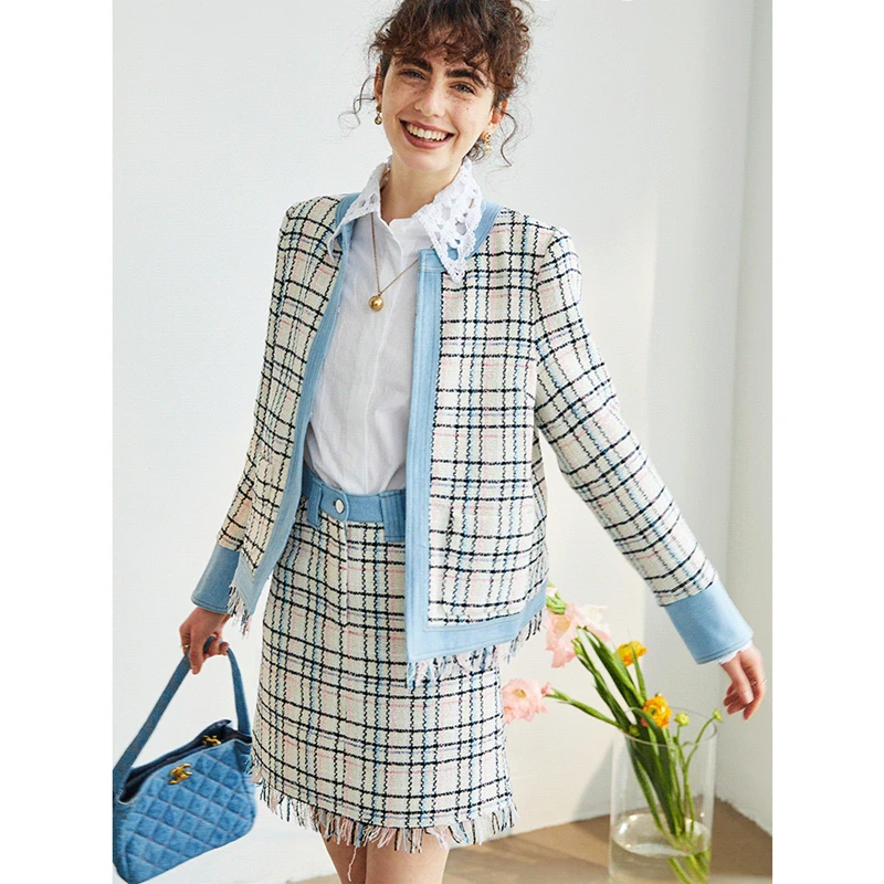 

Женские костюмы из двух предметов, 72% хлопок, смешанный джинсовый комбинированный дизайн, топ с длинными рукавами и бахромой + горячие юбки, ...