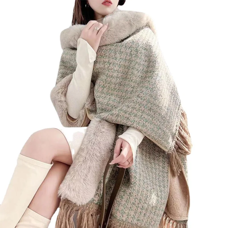 Add velvet padded plaid fringed cloak shawl autumn and winter shawl coat