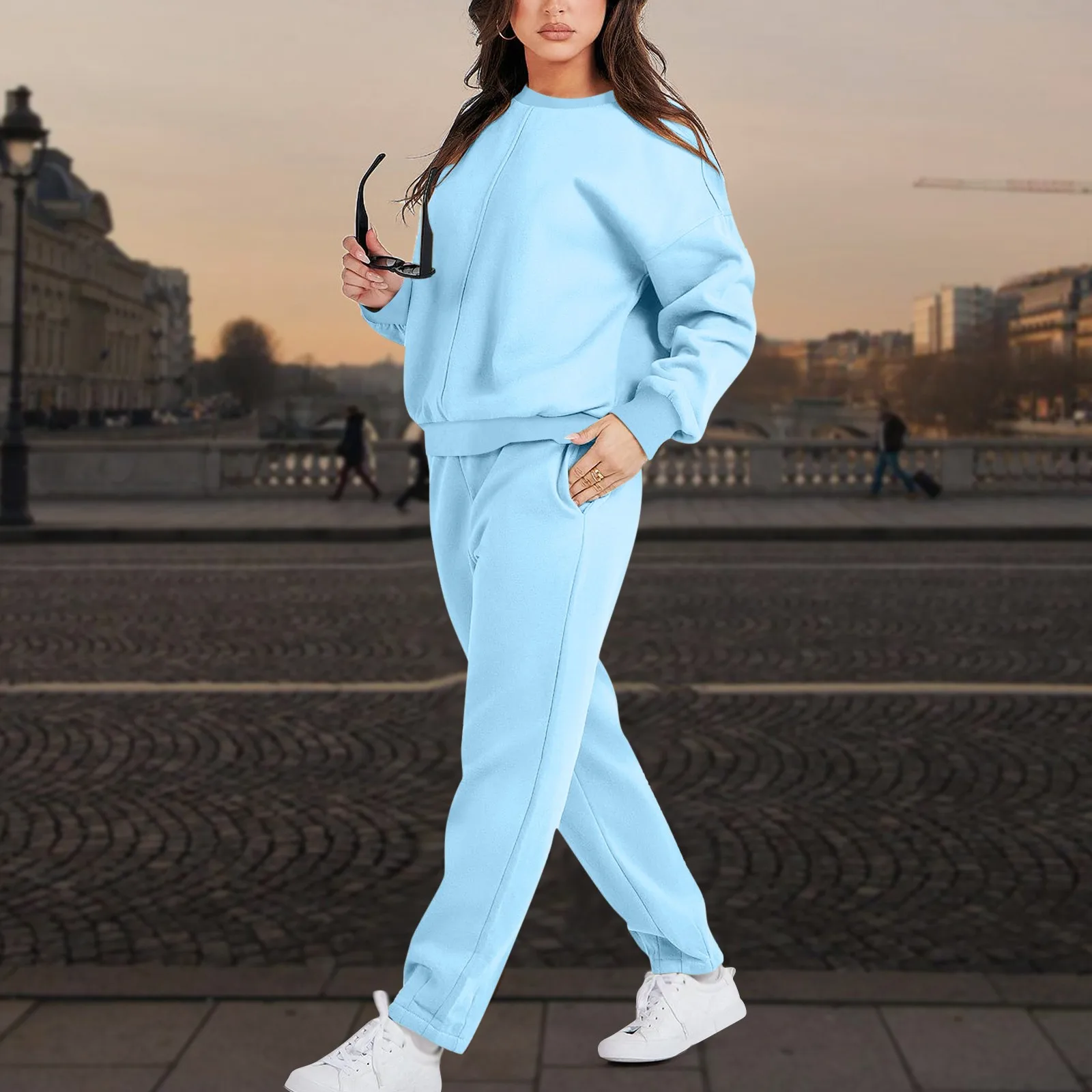 

Home Wear Autumn Winter 2 Pieces Women Sets Knitted Tracksuit O-Neck Solid Sweater And Wide Leg Jogging Pants Pullover Suits