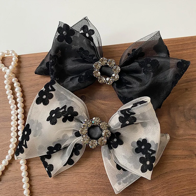

Vintage Lady Organza Bowknot Hairpins with Diamond Floral Print Korean Women Girls Hair Clips Big Bow Hair Accessories Barrettes