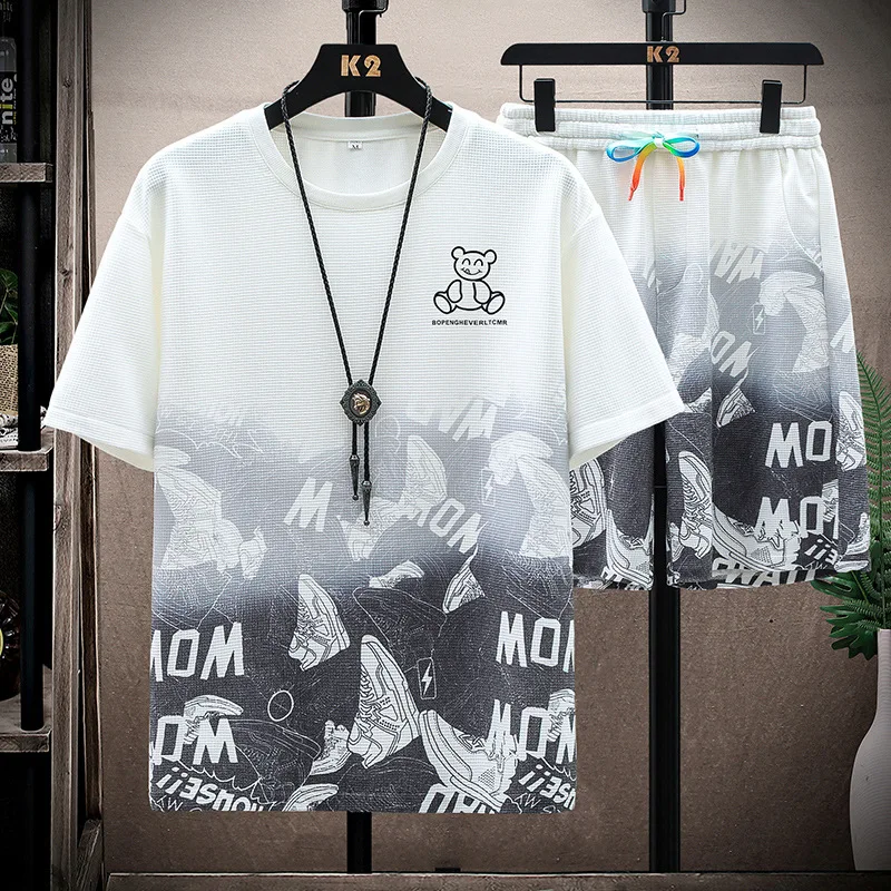 High End Waffle Casual Sports Set Men's Summer Short Sleeve Shorts Men's Clothing Men's Set Comfortable and Breathable