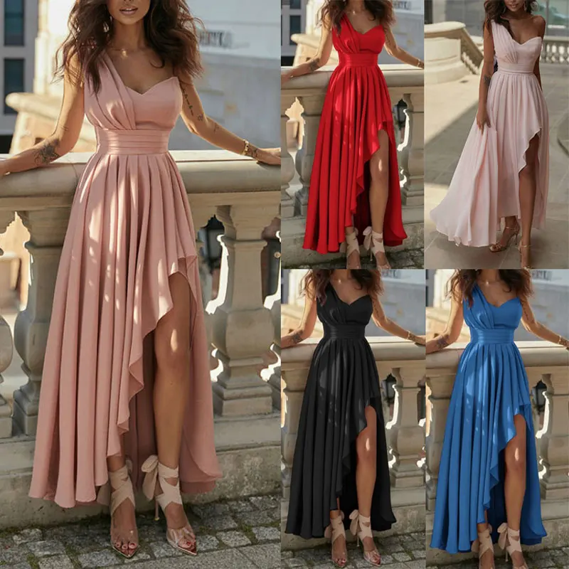 

Sleeveless Dress Sexy One Shoulder Pleated Asymmetrical Women's High Waist Evening Long Maxi Dress