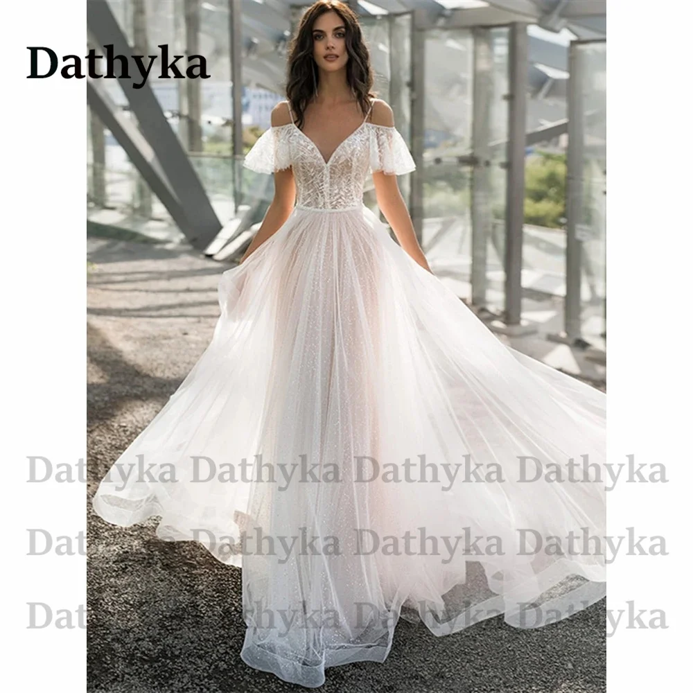 

Dathyka Tulle Zipper Wedding Dresses For Women Appliques Spaghetti Straps Attractive Court Train V-Neck A-Line Vestidos De Novia