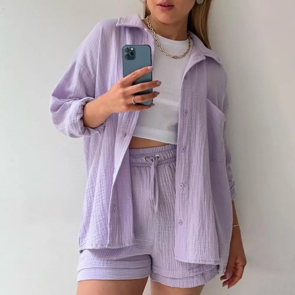 

Летний комплект из рубашки и шортов, комплект из двух предметов с длинным рукавом для женщин, хлопковые топы, шорты с высокой талией, женская рубашка, уличная одежда