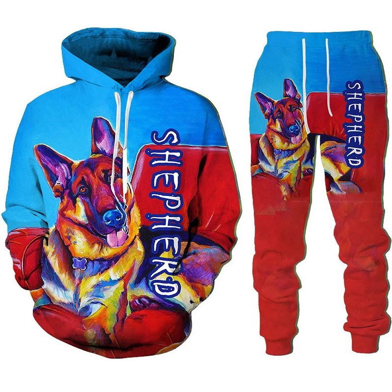 German Shepherd Hoodie SHEPHERD 3D Printed Men's Hoodie long pants Set Funny Men Tracksuit Animal Sweatshirt Trousers Sportswear