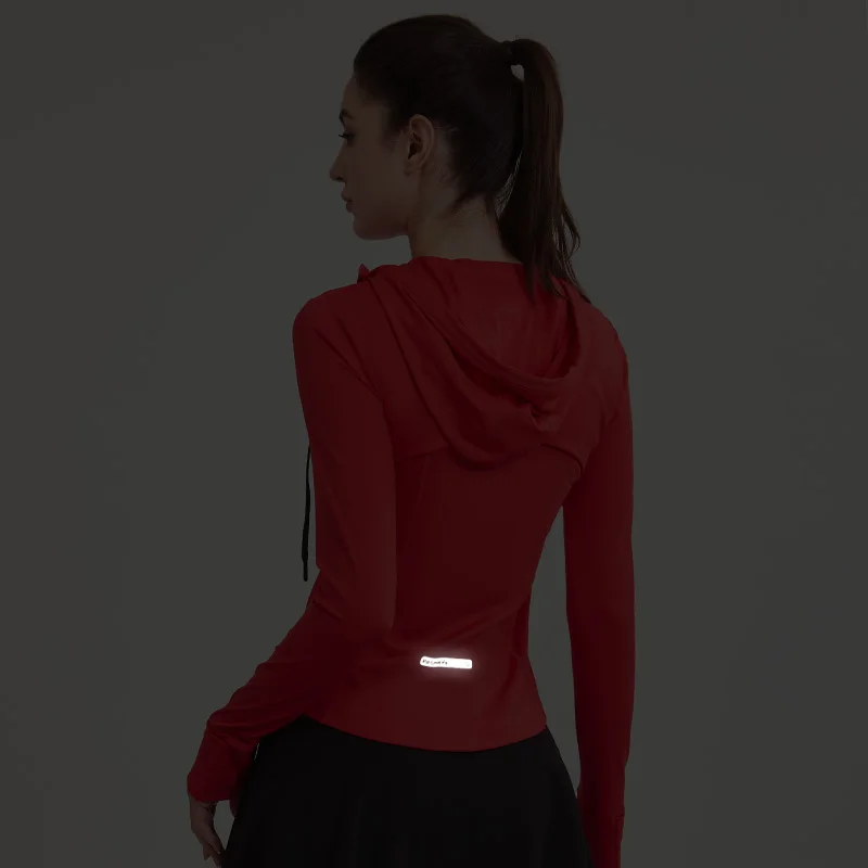 Women Autumn Winter Sports Hooded Jacket Top Tight Fitting Yoga Sportswear Running Quick Drying Zipper Clothes Gym Long Sleeved