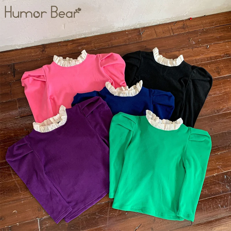 

Humor Bear 2022 Girl Shirt Autumn Cotton Princess School Girls Blouse White Lace Puff Long Sleeve Kids Tops