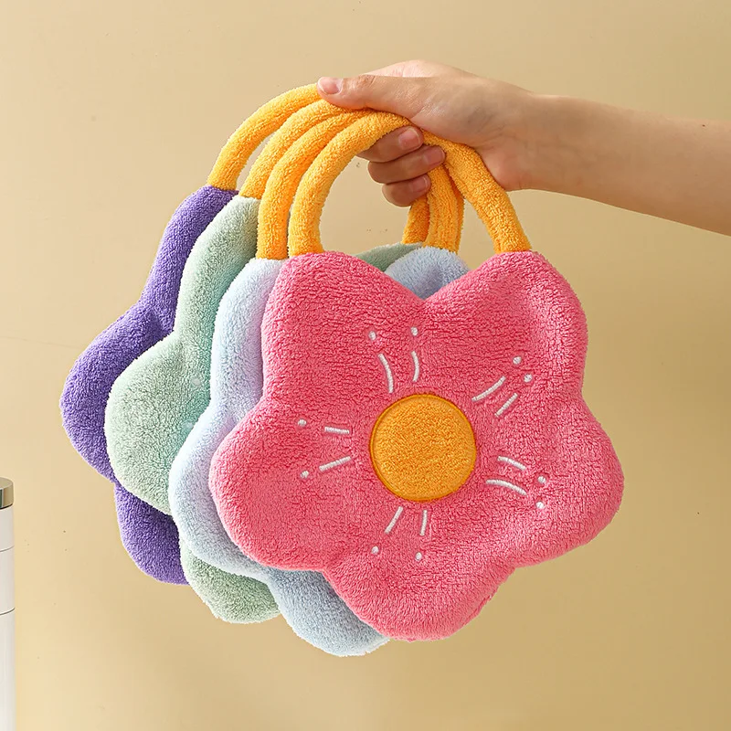 

2PCS Hand Towel Coral Velvet Embroidered Flower Shape Towel Children's Absorbent Handkerchief Household Kitchen Rag