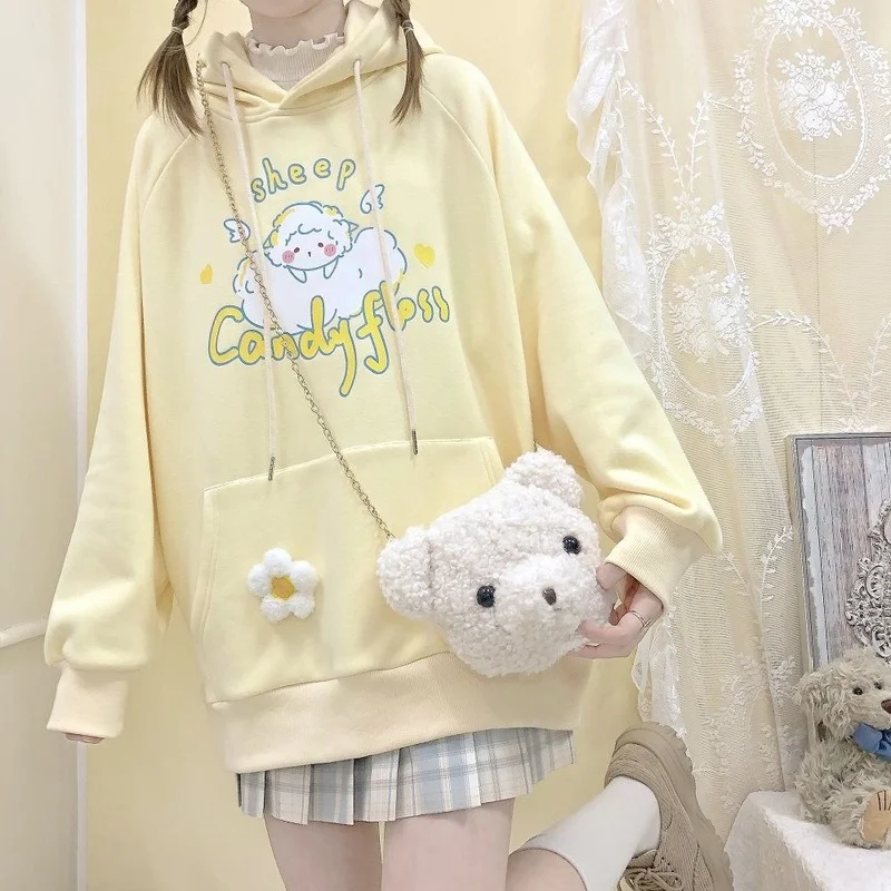 

MINGLIUSILI Yellow Lamb Print Hoodie for Women Cute Korean Fashion 2022 Autumn New Loose Leisure All-match Oversized Hoodie