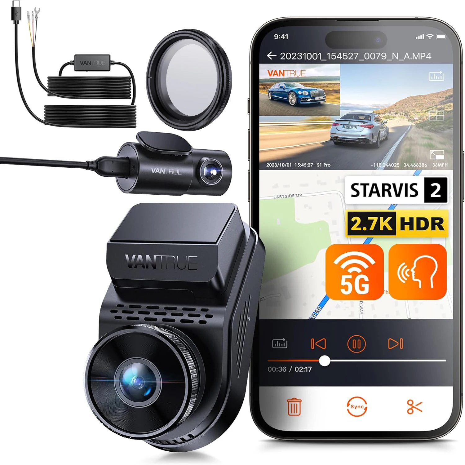 

Vantrue S1Pro DashCam 2.7K Dual Dash Cam Передняя и задняя 5G WiFi 60FPS Скрытая видеорегистратор с HDR ночным видением GPS Голосовое управление