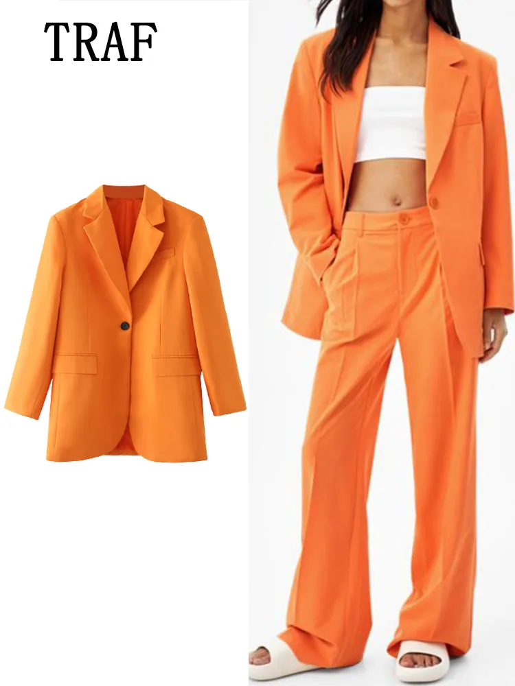TRAF ZA&ree Oversize Blazer Woman Orange Blazer Women Spring Long Sleeve Jacket Women's Suits Fashion 2022 Office Elegant Jacket