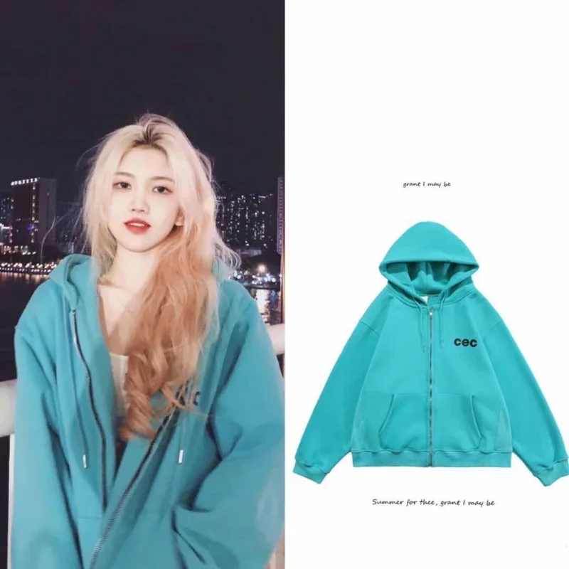 

South Korea Lake Blue Hooded Jacket Women'S Autumn And Winter New Oversize Zipper Thickening Loose Hooded Sweater High Quality