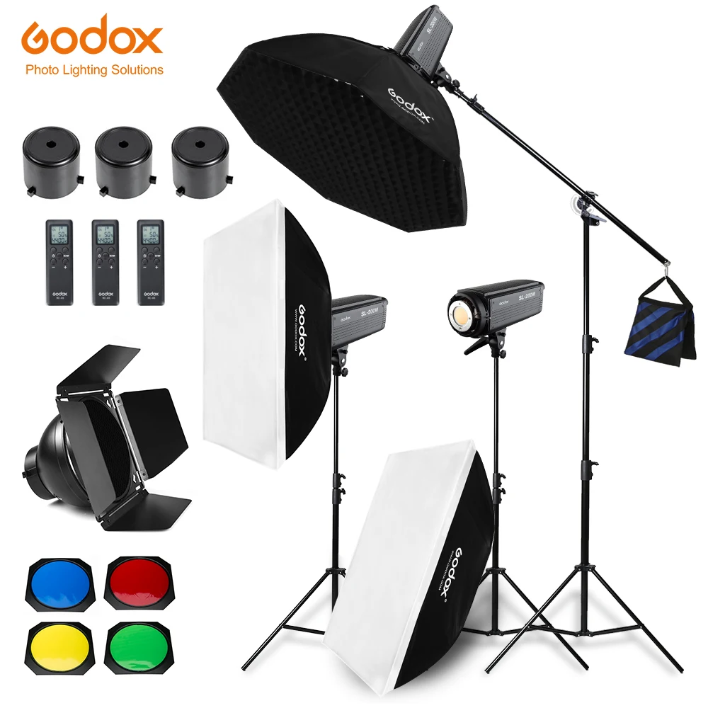 

inlighttech 600W Godox SL-200W 3x 200w Continuous Light Studio LED Light With Softbox, Stand, Honeycomb Grid, Boom Arm
