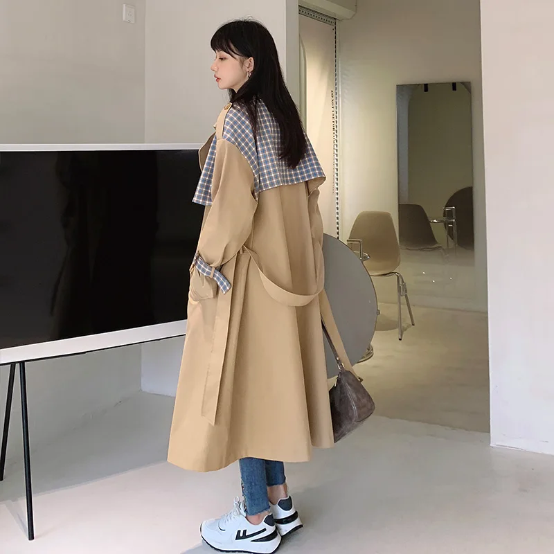 

Fashion Korean Style Patchwork Plaid Women Trench Coat Double-Breasted Long Windbreaker Jacket Lady Duster Coat Spring Autumn