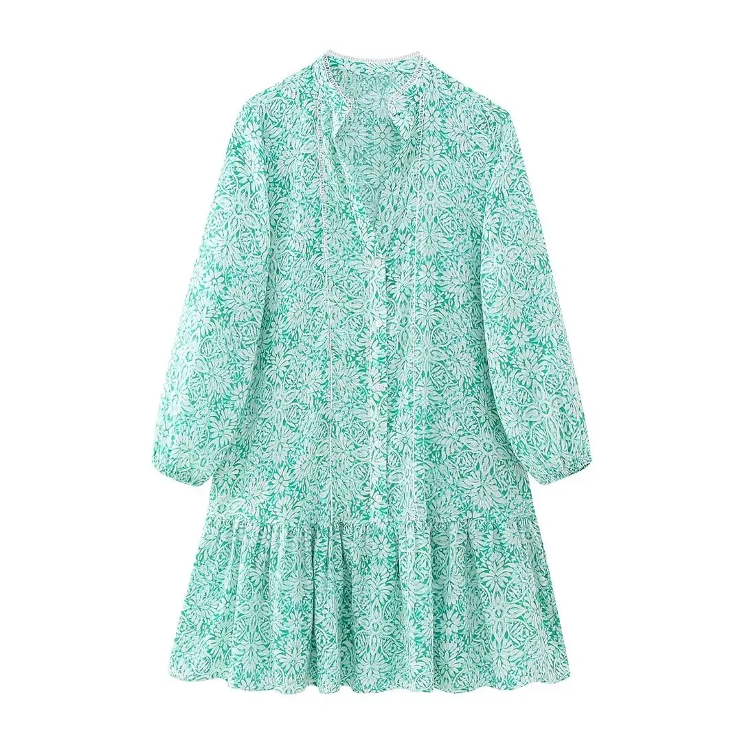 

Женское мини-платье с принтом, винтажное повседневное шикарное платье с V-образным вырезом и длинным рукавом, лето 2023