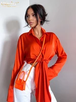 clacive sexy orange satin womens blouse 2022 fashion lapel long sleeve shirts streetwear elegant lace up tops female clothing