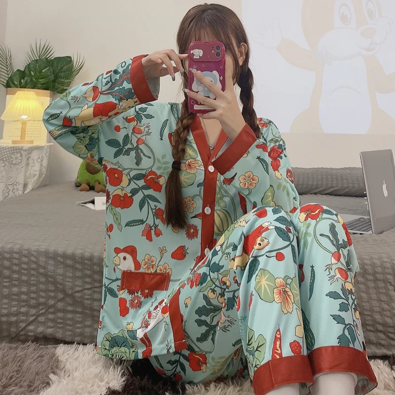 CAIYIER New Winter Nightwear Suit Cardigan Long Sleeve Trousers Ladies Pajamas Set Flower Sweet Sleepwear Simple Homewear 2XL