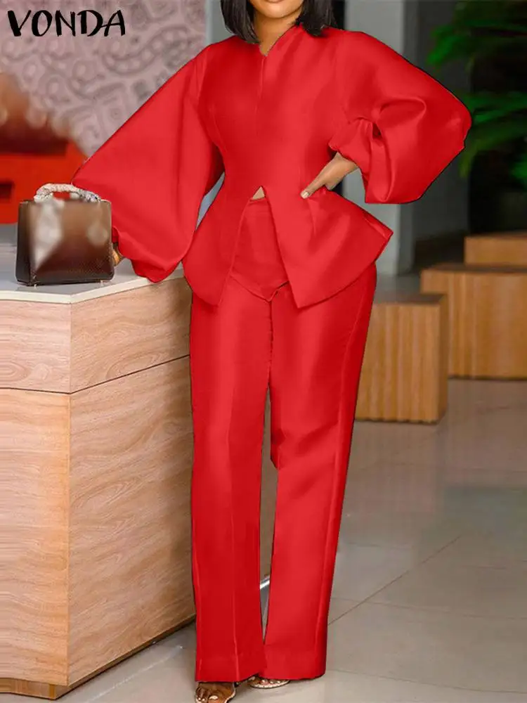 

VONDA Spring Casual Solid Pant Sets Women Loose Satin Slik Pant Femme Split Hem Peplum Tops With High Waist Long Trousers Suits