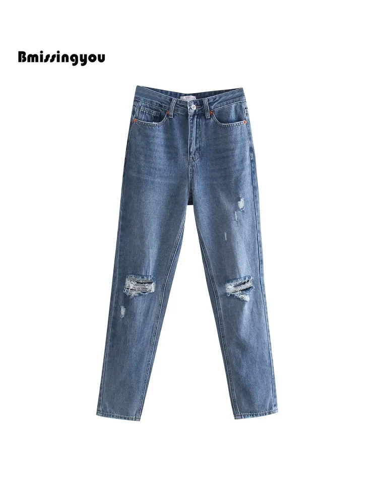 Bmissingyou Fashion Wash Hole Straight Women Jeans Loose Fits Y2k Street Denim Jeans Pants Floor Length